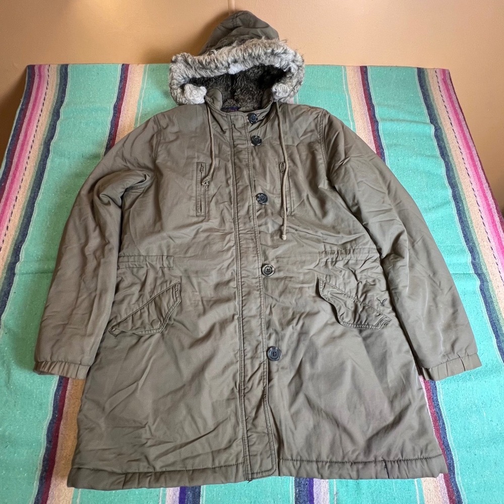 American Eagle Parka Women XL Olive Green Faux Fur Hood Utility Jacket Winter